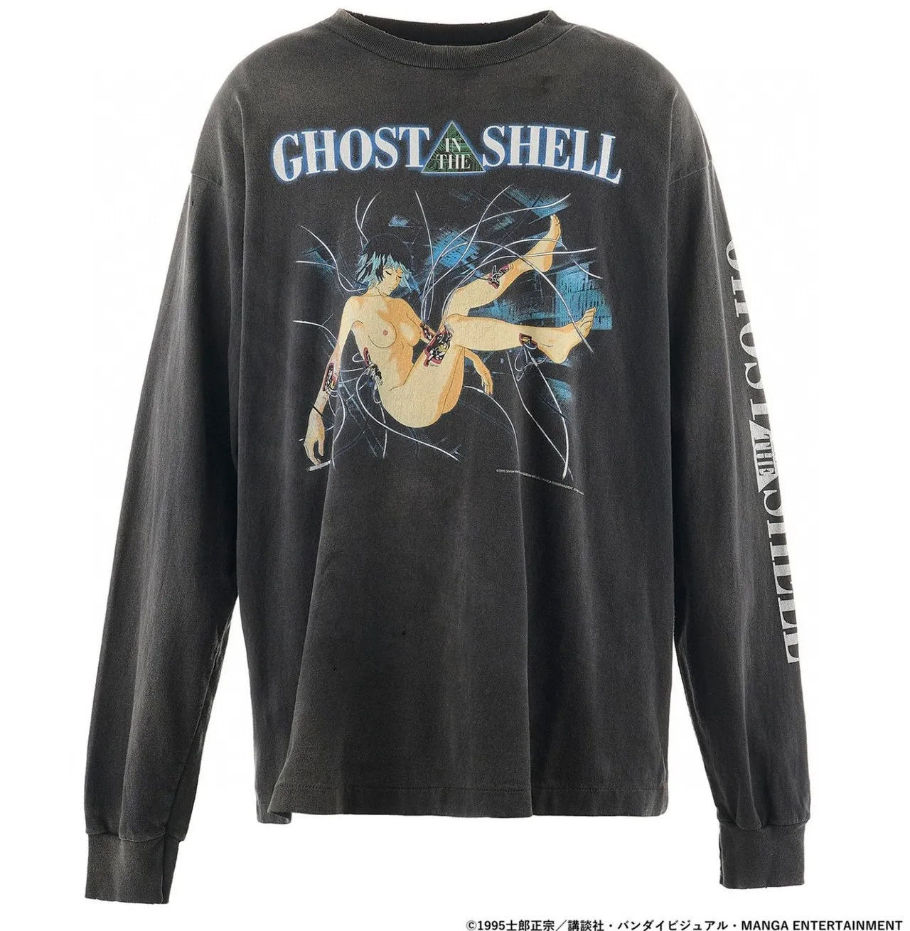 SAINT Mxxxxxx × GHOST IN THE SHELL Ghost in the Shell GS_LS TEE/GITS/BLK Big IP Ghost in the Shell co-branded model Sleeping Motoko Kusanagi Retro distressed long sleeves with holes Washed black S-XL